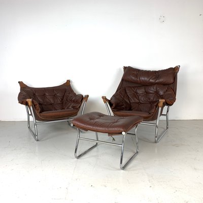 Brown Leather Sling Chair Ottoman By, Vintage Leather And Chrome Sling Chair