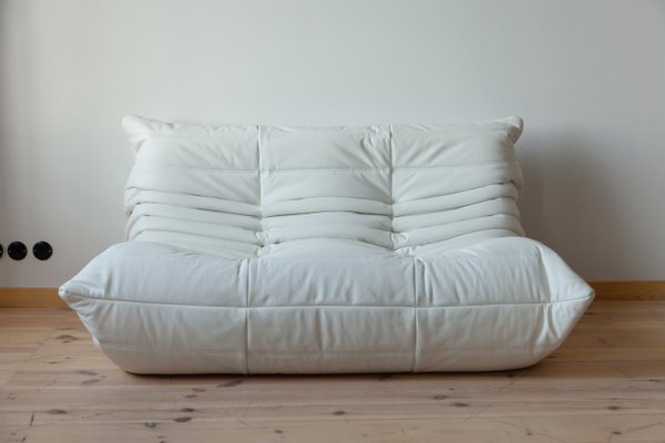 White Leather Togo 2 Seat 3 Sofa, White Leather 2 Seater Sofa Bed