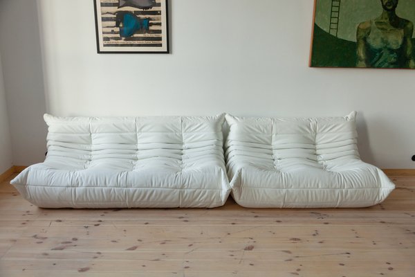 Set of White Leather Togo 2- and 3-Seat Sofa by Michel Ducaroy for