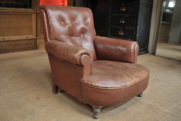 Wood Lounge Chair Circa 1900, Large Leather Chair