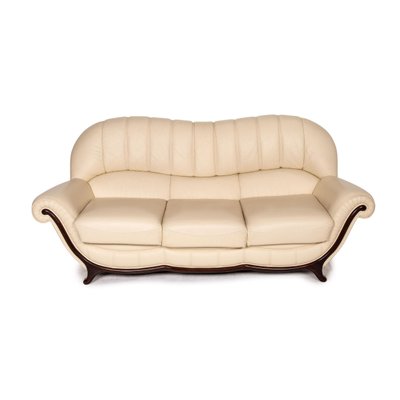 Cream Colored Leather Wood 3 Seater, Cream Colored Leather Sofas