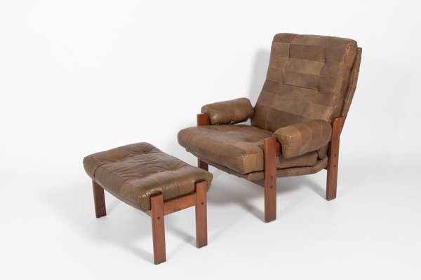 Swedish Modern Patchwork Leather, Leather Armchair And Ottoman