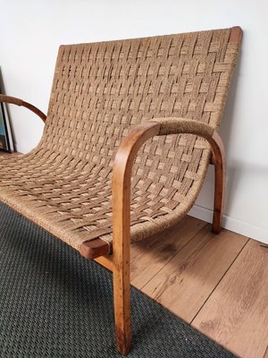 Mid-Century Italian Wood and Cord Woven Rope Bench, 1960s