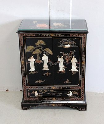 Small Asian Black Lacquered Wood Cabinet 1950s