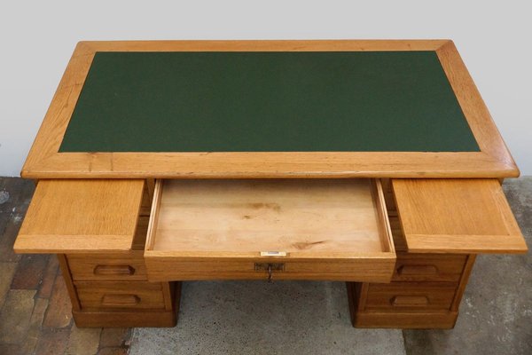 Antique Oak Writing Desk With Central, Leather Writing Desk