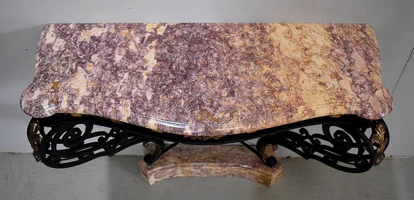 Petite Console En Fer Forgé Et Marbre Années 50