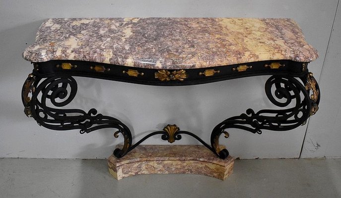 Wrought Iron Marble Console Table 1940s