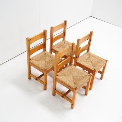 Pine Wood and Straw Seat Dining Chairs 1970s Set of 4 for sale