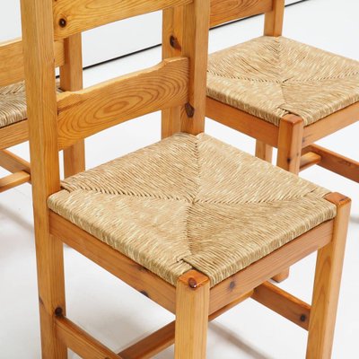 Pine Wood and Straw Seat Dining Chairs 1970s Set of 4 for sale