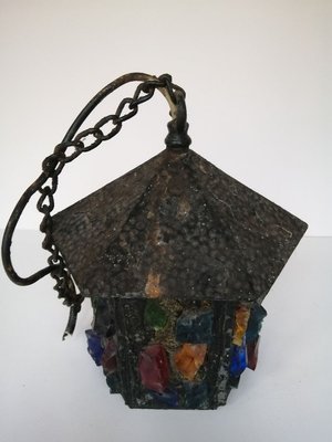 English Arts Crafts Glass Lead Hammered Sheet Metal Porch Lantern by Peter Marsh 1950s for sale at Pamono