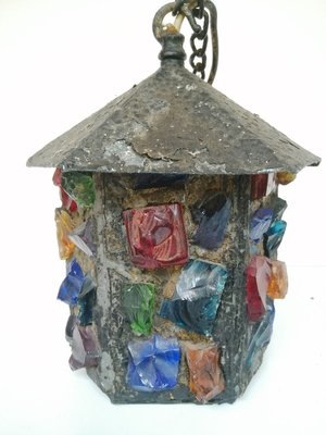 English Arts Crafts Glass Lead Hammered Sheet Metal Porch Lantern by Peter Marsh 1950s for sale at Pamono