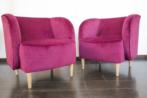 Plum Velvet Lounge Chairs with Maple Cone Feet from ISA Bergamo 1950s Set of 2