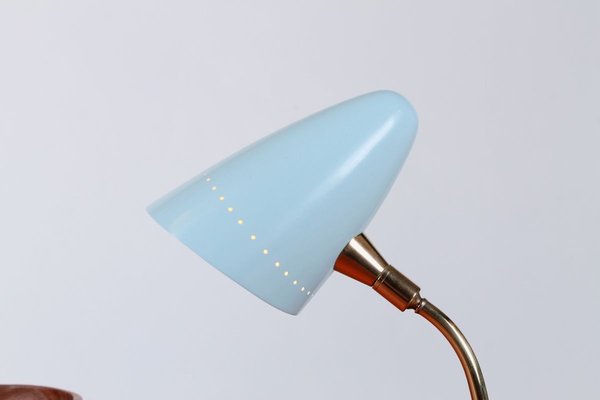 Arteluce Style Brass and Baby Blue Tripod Table Lamp 1950s for