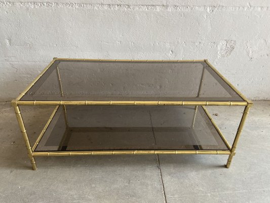 French Faux Bamboo Mirrored Brass, Coffee Table Brass Smoked Glass
