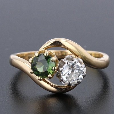 Green Sapphire, Diamond and 18 Karat Yellow Gold You and Me Ring, 1900s