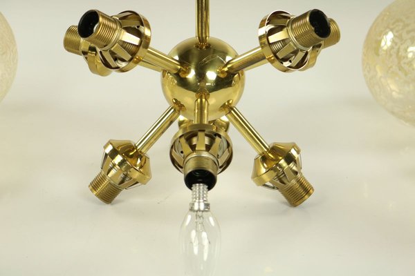 Mid Century Brass Amber Glass Ball, Brass And Glass Orb Chandelier