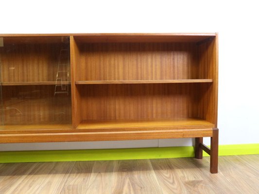 Mid Century Teak Bookcase With Glass, Under Window Bookcase With Doors