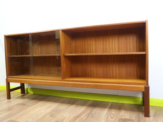 Mid Century Teak Bookcase With Glass, Mid Century Modern Low Bookcase