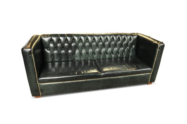 Green Leather Brass Chesterfield Sofa, Green Leather Chesterfield