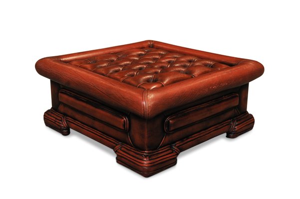 Red Leather Deep On Chesterfield, Red Leather Footstool