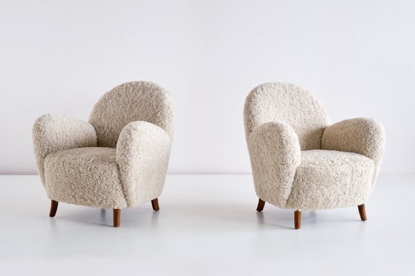 Danish Sheepskin Beech Armchairs by Thorald Madsen 1930s Set of 2