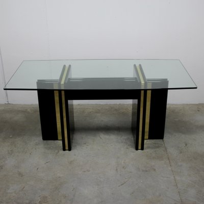 Vintage Hollywood Regency Black Lacquered Dining Table with Gold Trim and Glass Top