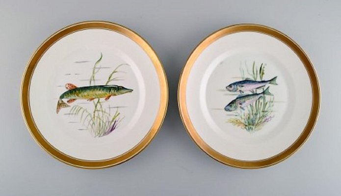 Platos de pescado de porcelana con peces pintados a mano de Royal