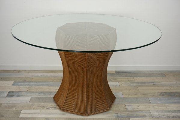 Vintage Italian Round Glass Rattan, Round Glass Top Pedestal Table