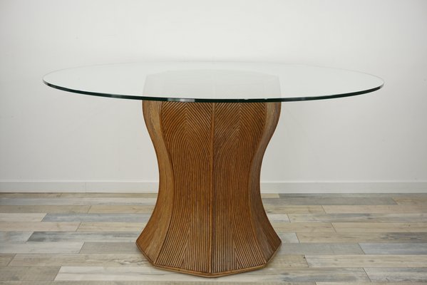 Vintage Italian Round Glass Rattan Pedestal Dining Table 1970s For At Pamono Vintage Italian Round Glass Rattan, Round Glass Dining Table With Pedestal Base