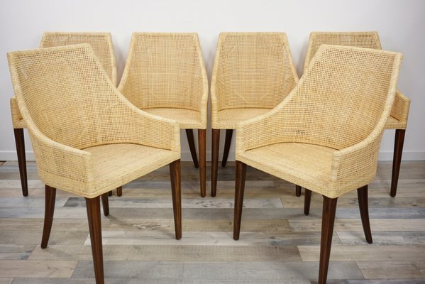 French Rattan Wood Dining Chairs Set, Wood Kitchen Chairs With Arms