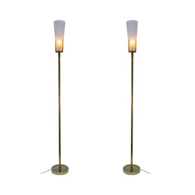 White Frosted Glass Shades On Brass, Tall White Floor Lamp