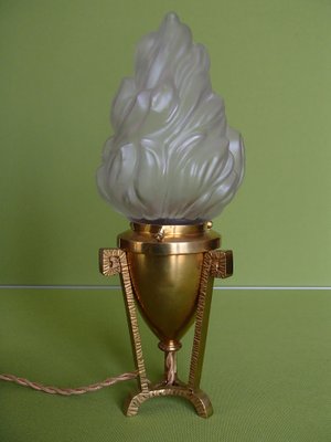 Small Vintage Bronze Table Lamp With, Torch Glass Lamp Shades