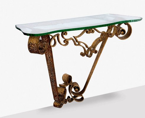 Vintage Gilded Wrought Iron Crystal Console Table By Pier Luigi Colli For At Pamono Vintage Gilded Wrought Iron Crystal, Iron Console Table With Glass Top