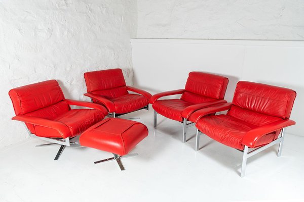 Leather Tubular Chrome Suite, Red Swivel Chair And Footstool