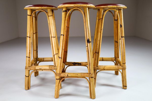 Vintage Bamboo Barstools With Red, Tiki Hut Bar Stools Bamboo