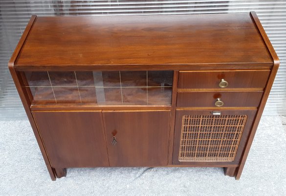 Mid Century Walnut Berlin Bar Cabinet With Patterned Glass Sliding Doors Compartment Flap Wicker Filling From T Furniture 1953 For At Pamono