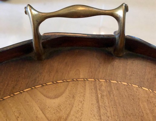 Ancien Plateau De Service Bar Ovale Acajou Incrusté Urne - Style Edwardian Angleterre