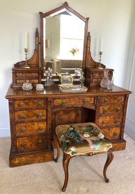 Antique Victorian Burr Walnut Dressing, Old Vanity Table With Mirror