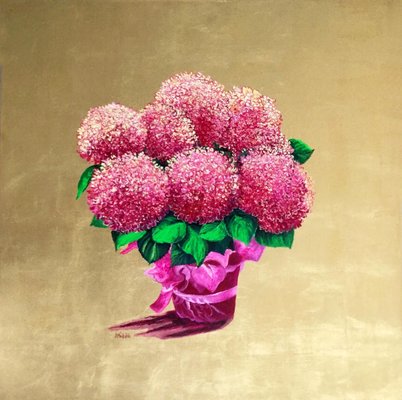 Pintura The Gift en rosa y pan de oro con flores brillantes, 2020 en venta  en Pamono