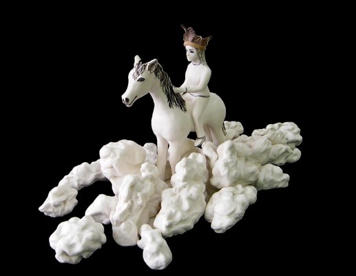 Girl in the Clouds, Porcelain Ceramic Sculpture of Woman Riding a
