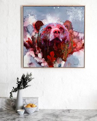 Colorful Abstract Realism Oil Painting, Wooden Carved Bear Statues Taiwan