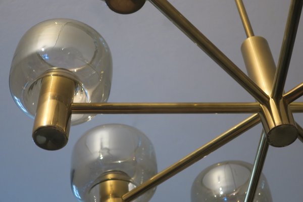 Large Mid Century 8 Arm Brass And Glass Chandelier By Hans Agne Jakobsson For At Pamono Glass Chandelier By Hans Agne Jakobsson, Glass Globe Mobile 8 Arm Chandelier 79cm Wide