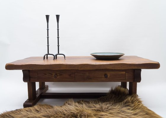 Large French Rustic Coffee Table In Solid Oak 1960s For Sale At Pamono