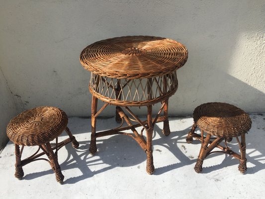 Table and 2 Wicker Stools 1960s Set of 3 for sale at Pamono