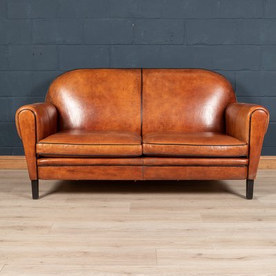 Dutch Tan Sheepskin Leather 2 Seat Sofa, Retro Tan Leather Sofa