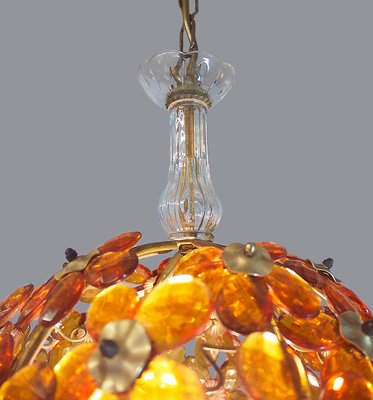 Amber and Brass Chandelier with Crystal Flowers from Maison Bagues