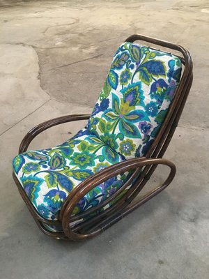 Mid Century Modern Italian Dark Brown Bamboo Lounge Chair with Original Floral Fabric Cushion 1970s