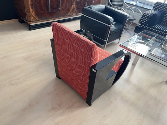 Art Deco Club Chair, Black Lacquer and Red Fabric, France
