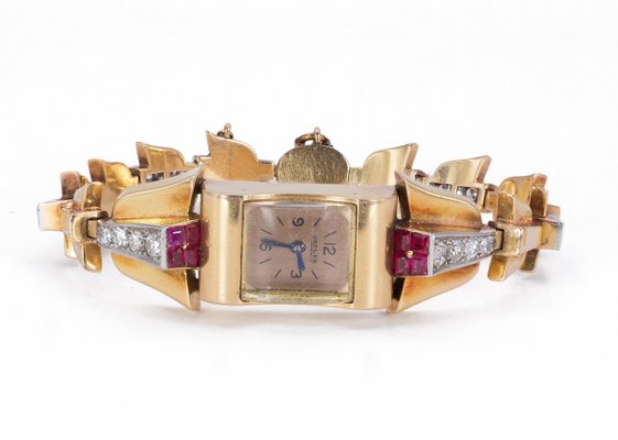 Orologio da polso da donna in oro 18k con diamanti e rubini di Jaeger, anni  '30 in vendita su Pamono