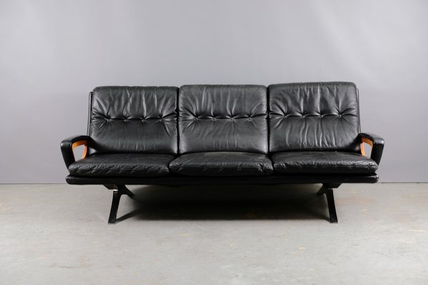 German Cubistic Leather 3 Seat Sofa, Black Leather Sofa With Grey Cushions